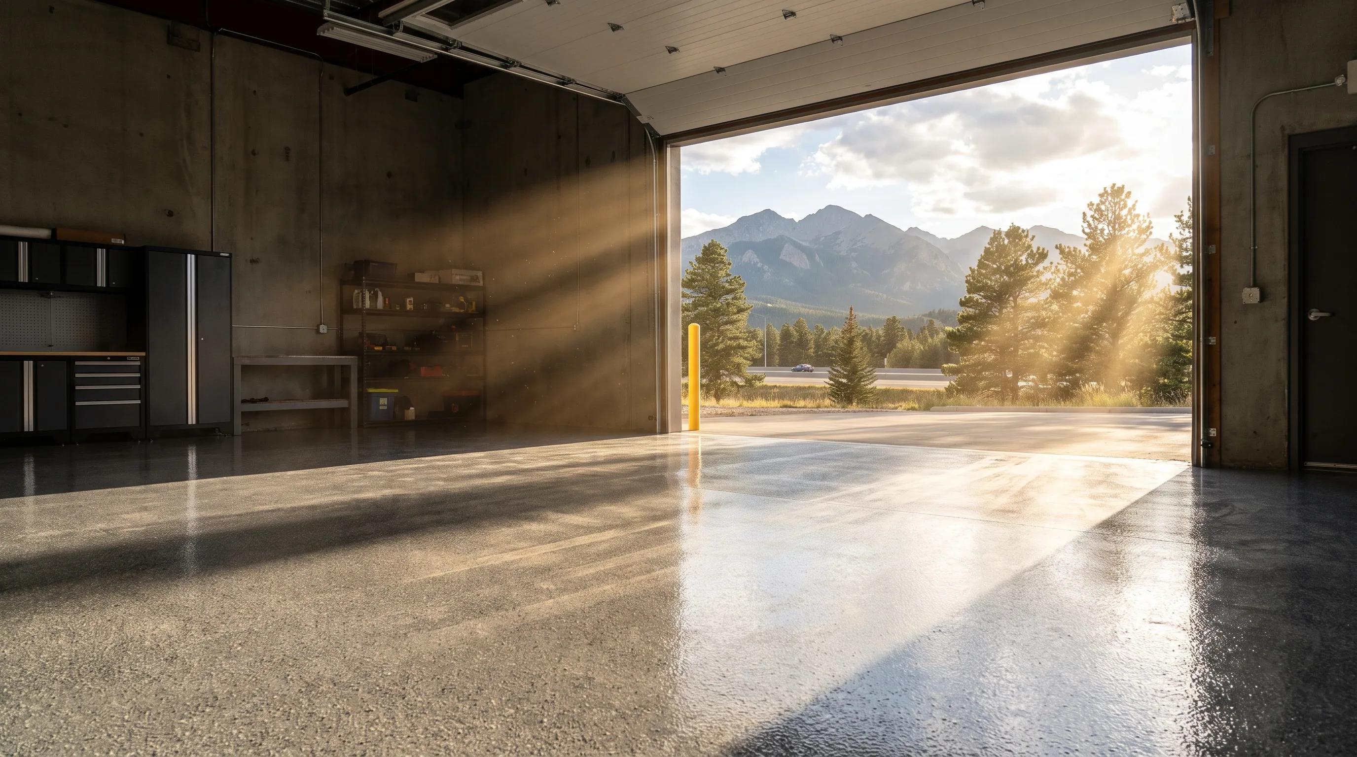 Bright Colorado sunlight streaming into a Denver garage onto a glossy non-yellowed polyaspartic floor with mountain view