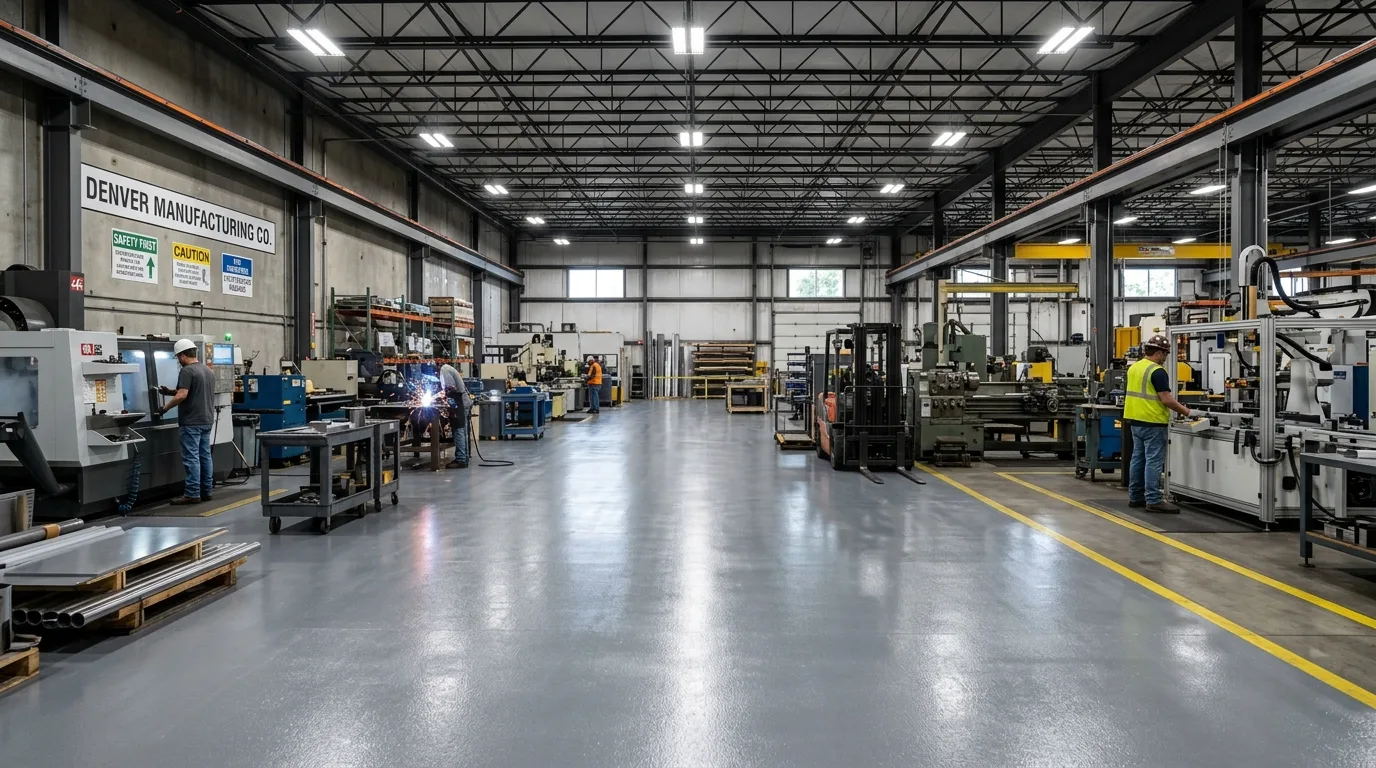 Colorado industrial facility with thick-film polyurea floor coating and heavy machinery under LED lighting