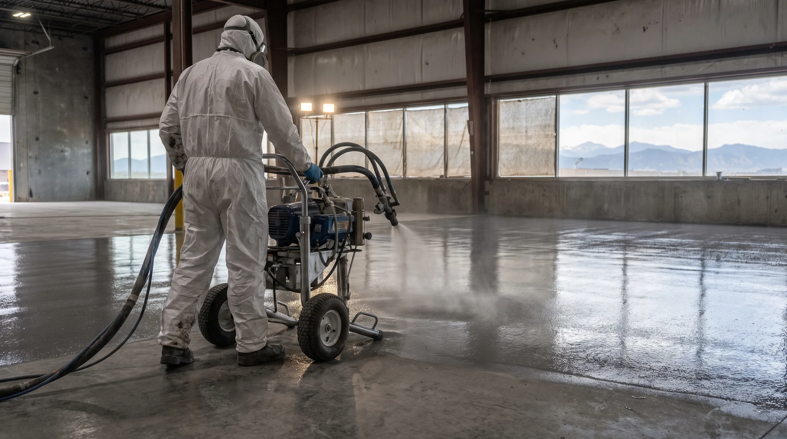 Technician spraying fast-curing polyurea coating onto an industrial floor in a Denver facility