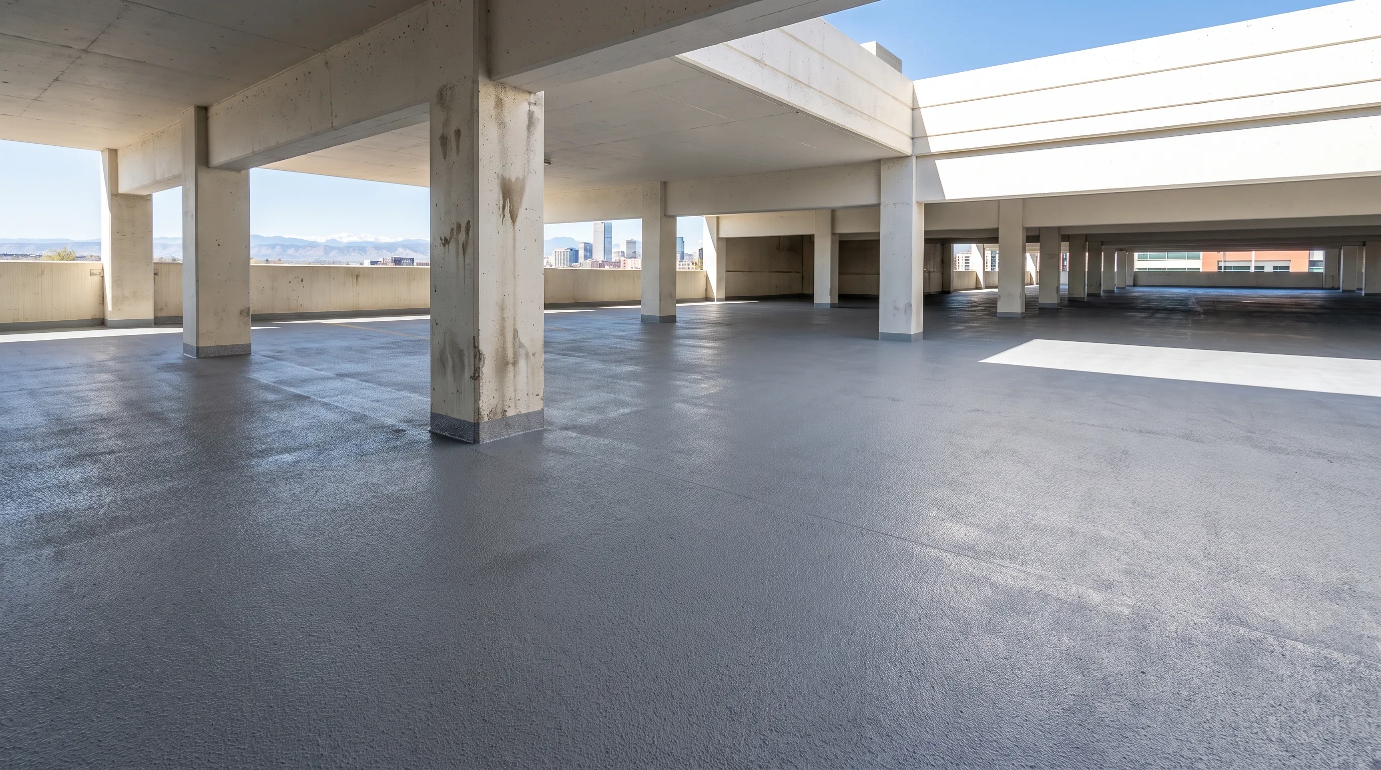 Polyurea-coated parking garage deck in Denver Colorado, seamless waterproof gray membrane