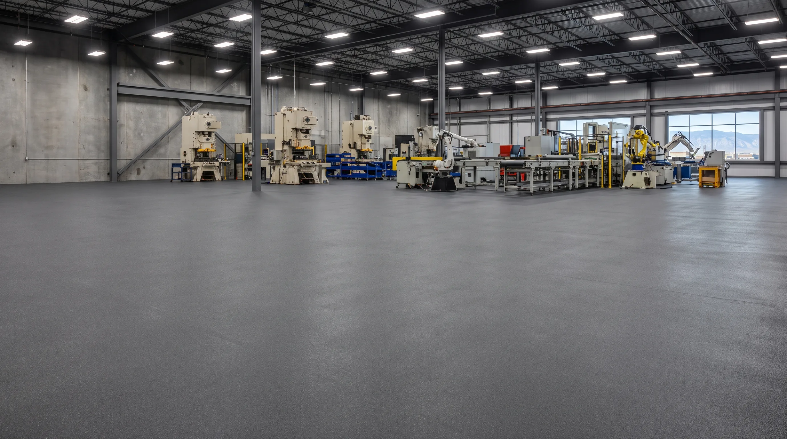 Denver manufacturing facility floor with matte gray polyurea coating and industrial machinery