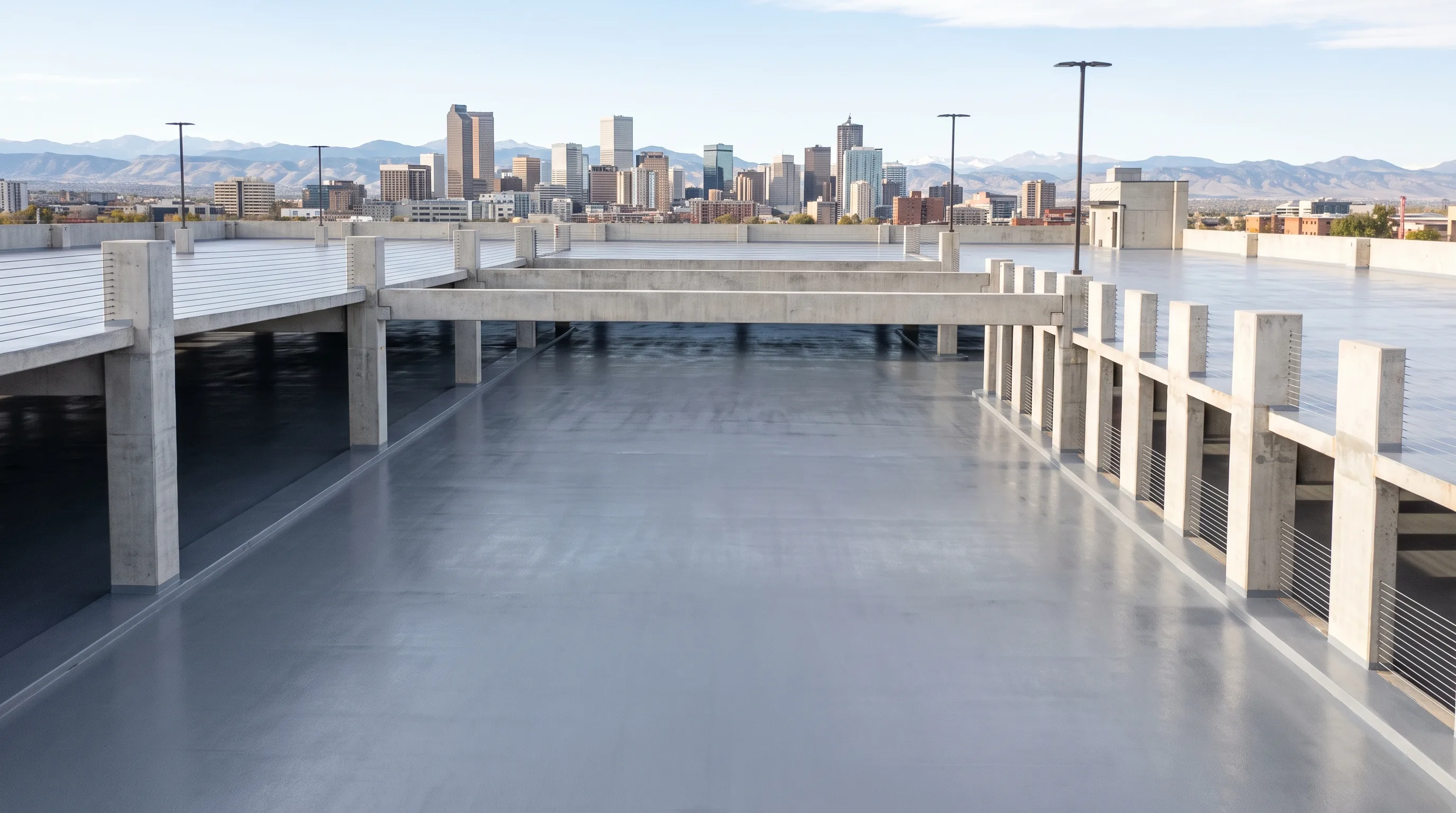 Multi-level Denver parking structure with seamless gray polyurea-coated deck and city skyline in the background