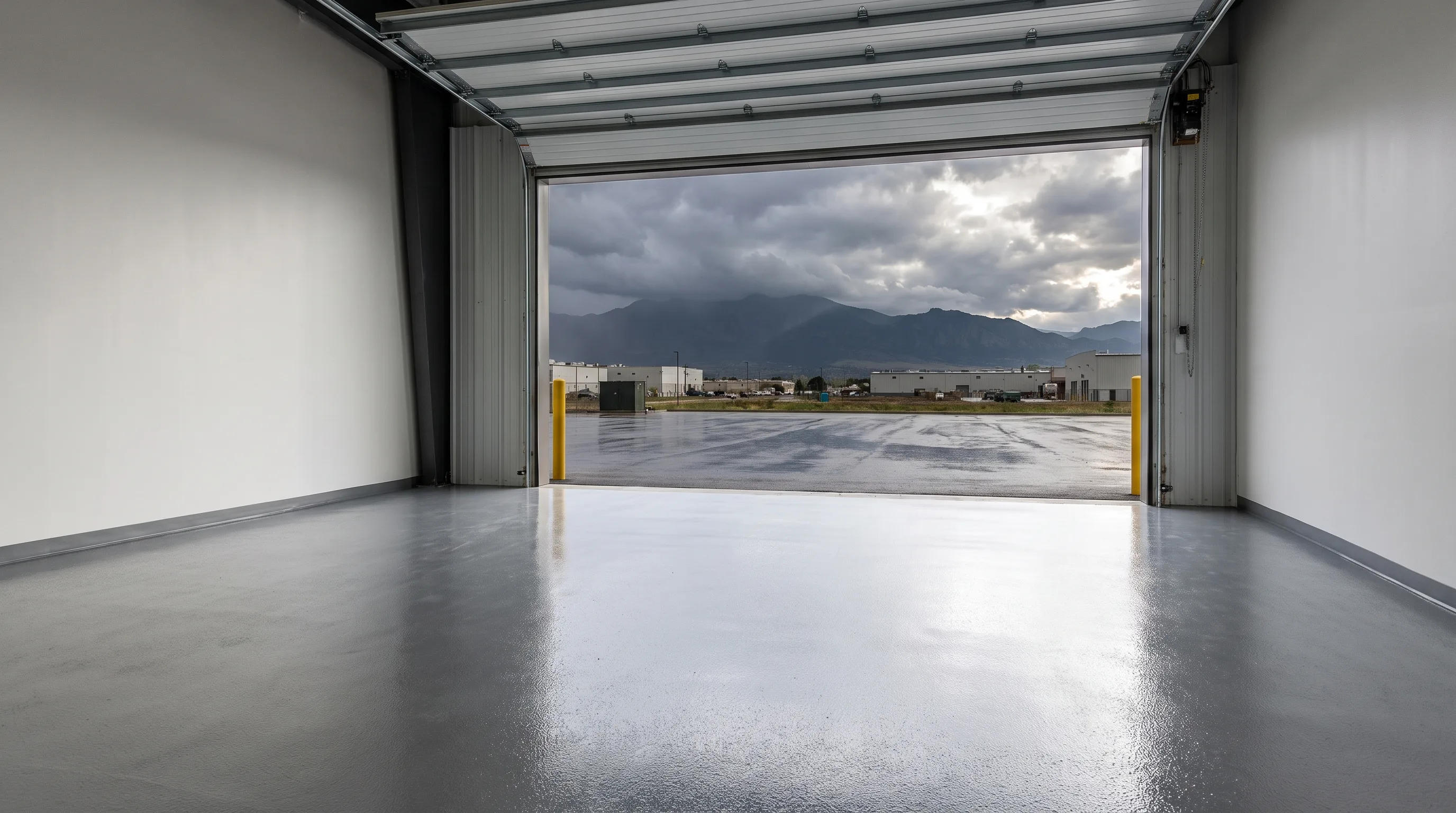 Denver loading dock with seamless gray polyurea-coated floor and dramatic mountain weather visible through the open door