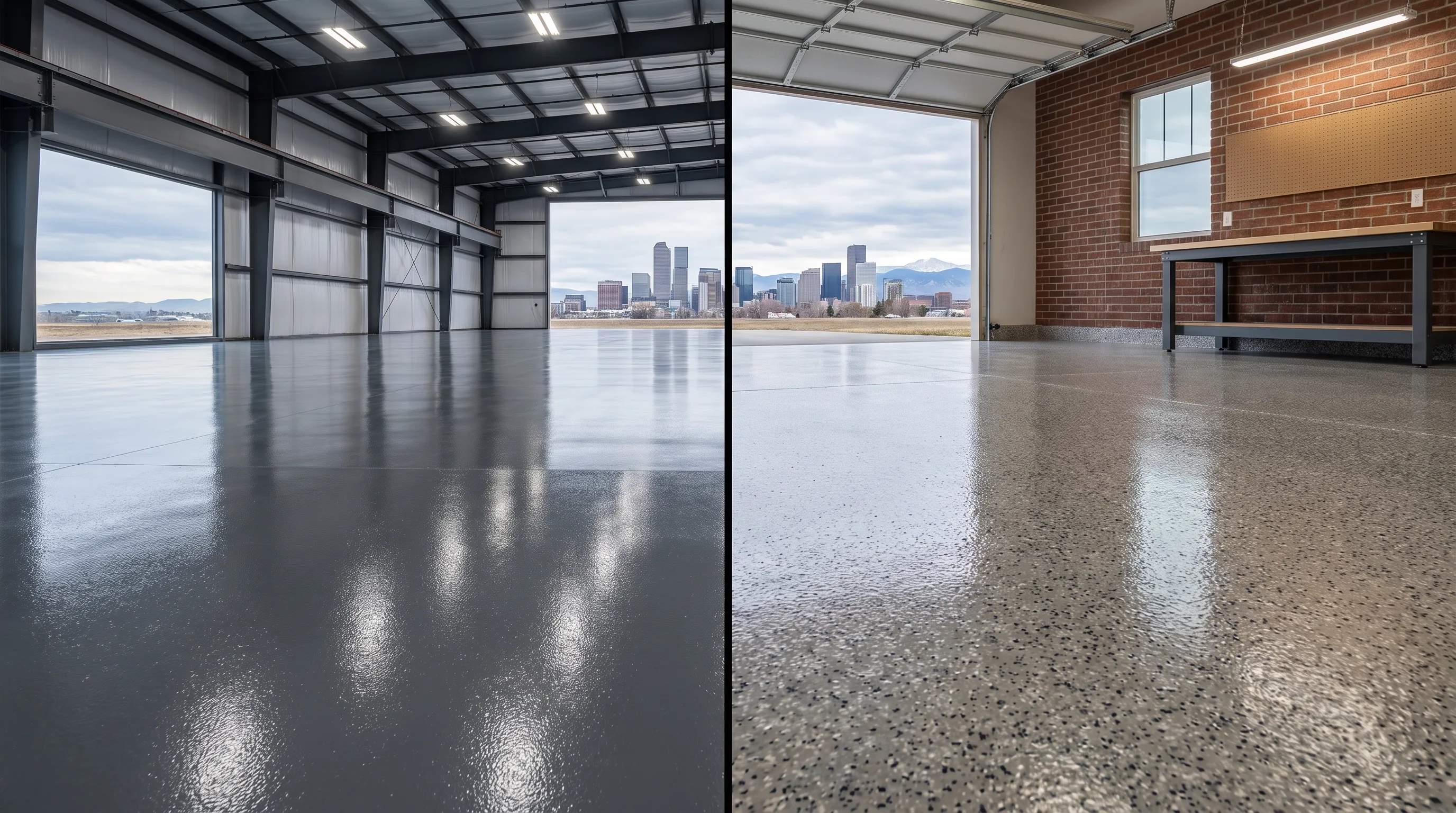 Split-screen comparison of a polyurea-coated industrial floor and a polyaspartic-coated garage floor
