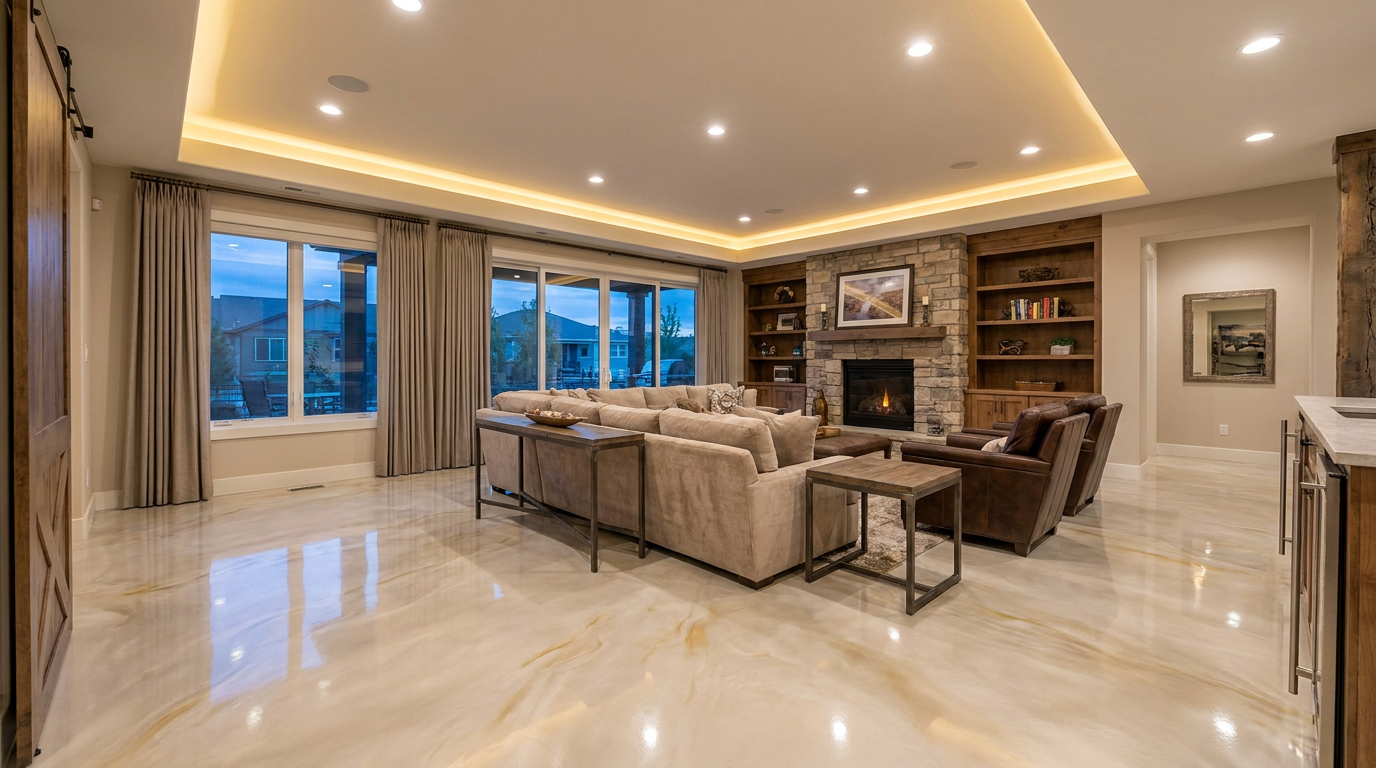 Metallic pearl epoxy floor in a finished Denver Colorado basement with warm lighting