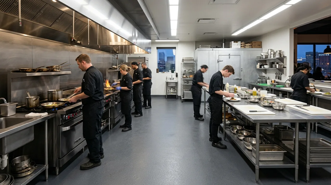 Commercial kitchen with seamless non-slip gray epoxy floor and stainless steel equipment in Denver Colorado restaurant