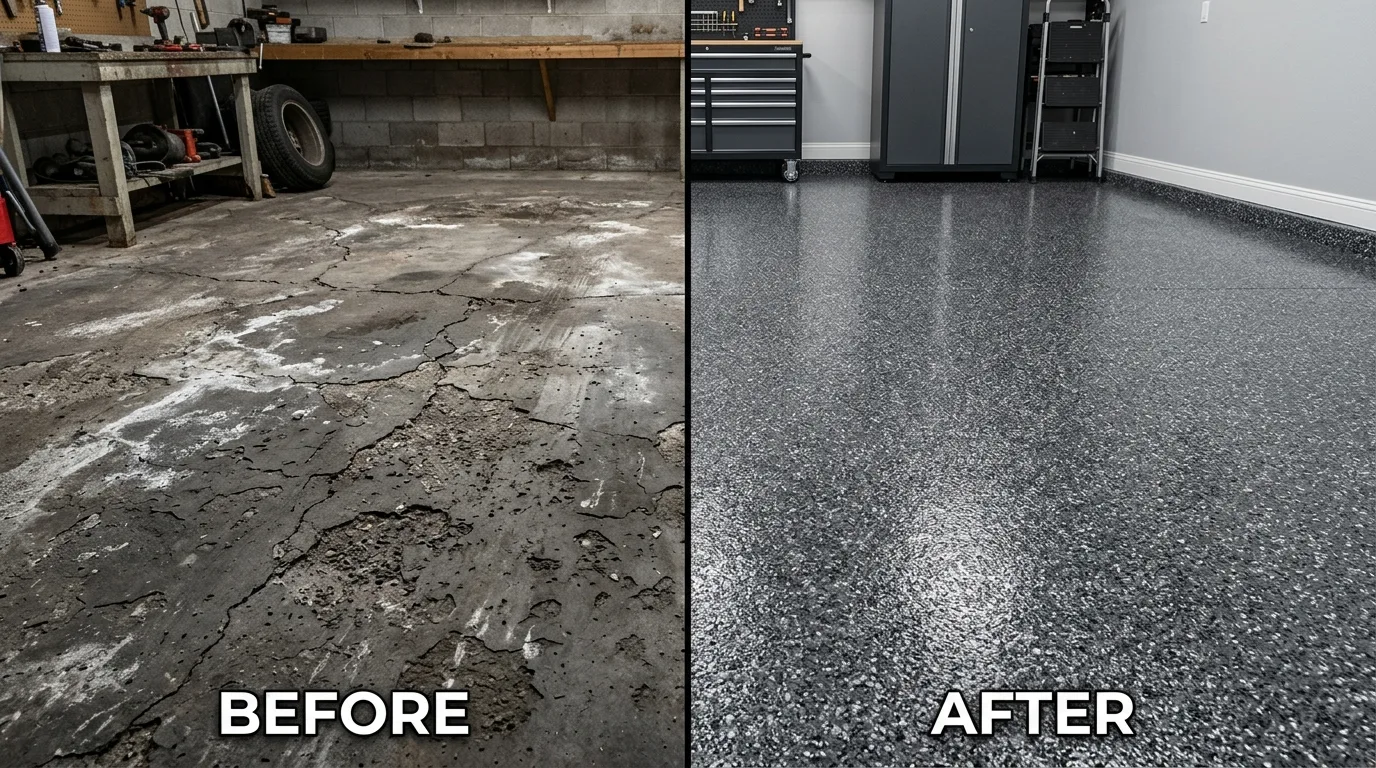 Split before/after image of a damaged Denver garage floor transformed with pristine charcoal epoxy flake coating
