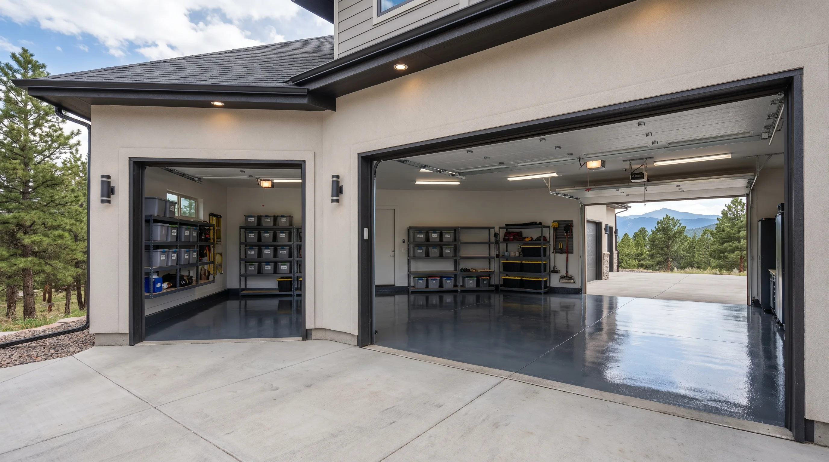 Two Denver garages side by side, single-car and three-car, both with glossy charcoal epoxy floors