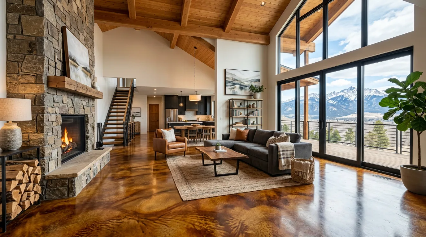 Earth-tone acid-stained concrete floor in a modern Colorado home living room with amber and brown variegated pattern