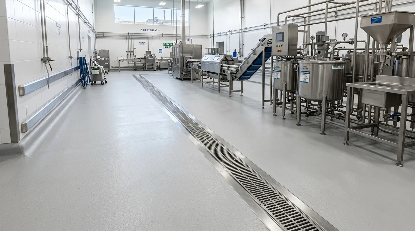 Commercial food processing facility floor with matte slip-resistant urethane cement coating, drain channels and coved base