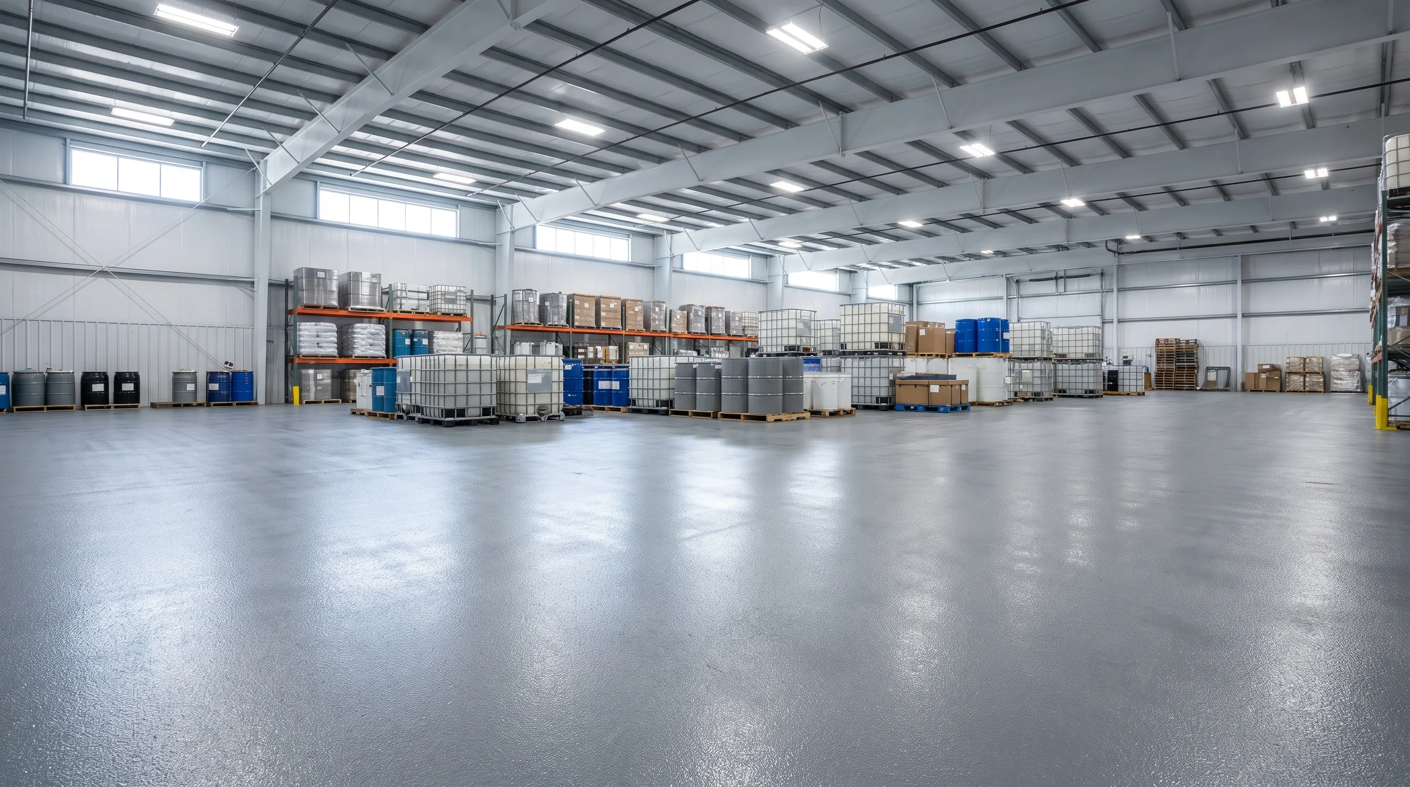 Denver industrial warehouse floor with matte chemical-resistant epoxy coating and storage containers
