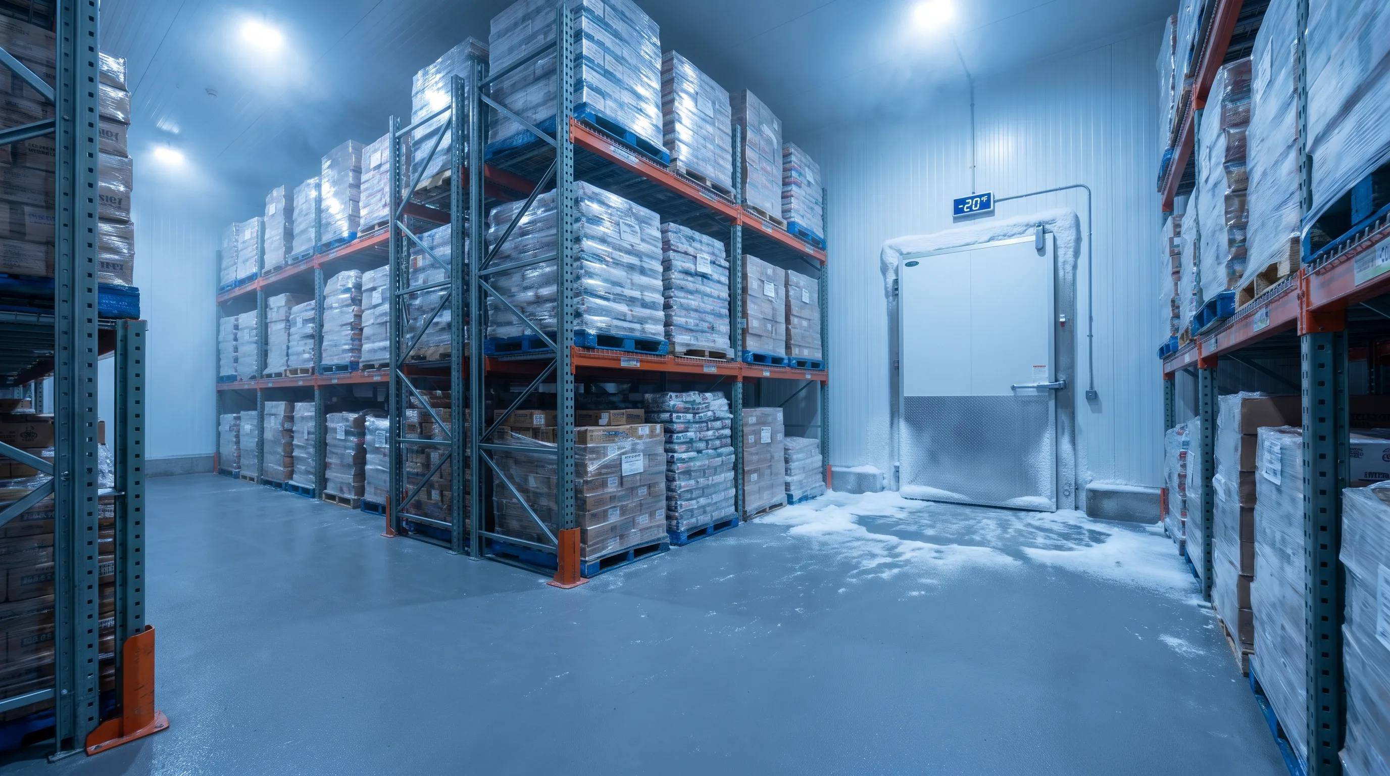 Refrigerated cold storage warehouse interior with epoxy floor and frost near the freezer door threshold