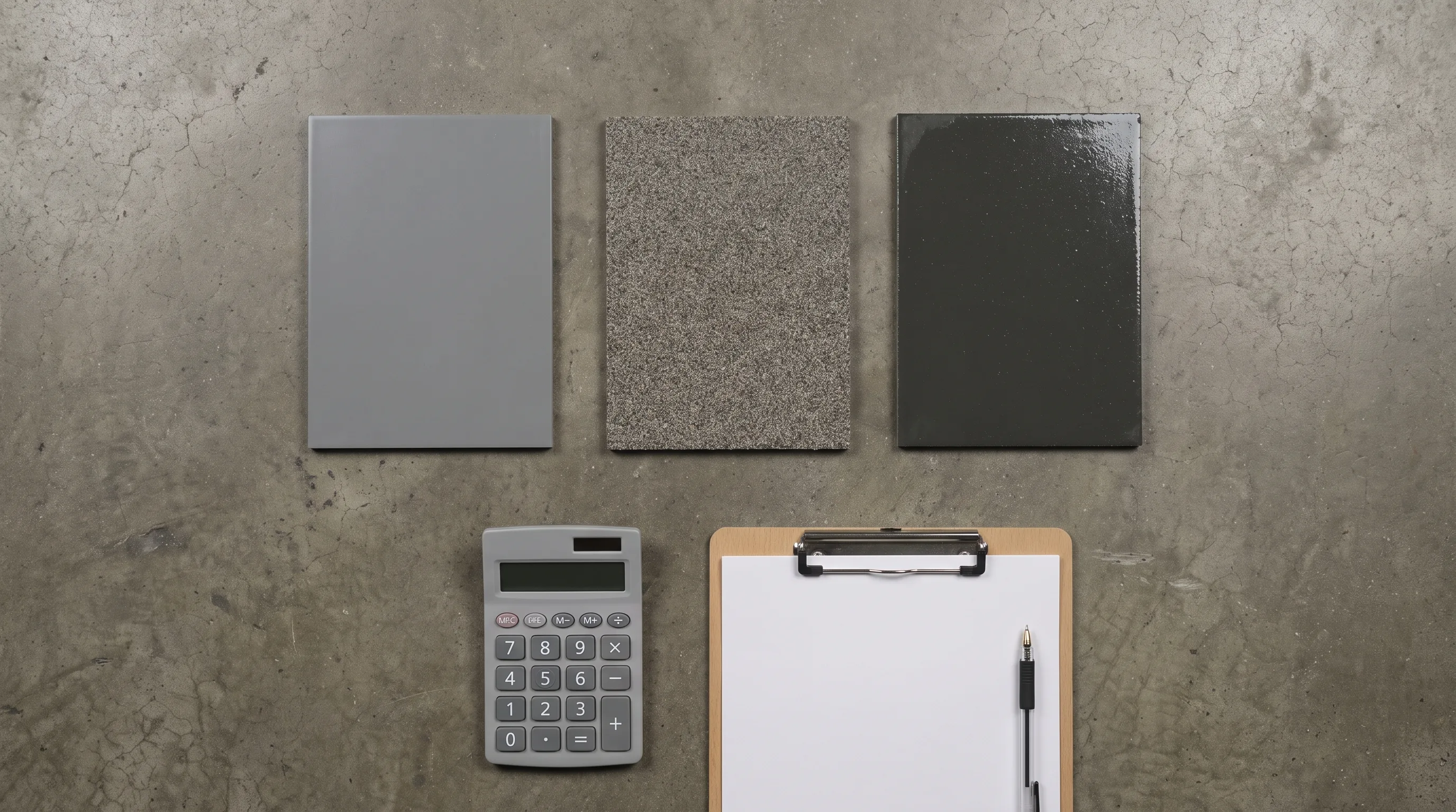 Warehouse epoxy floor sample chips with a calculator and clipboard for cost estimating