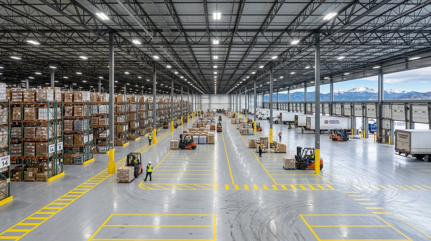 Large Denver warehouse interior with seamless gray epoxy floor and yellow safety markings