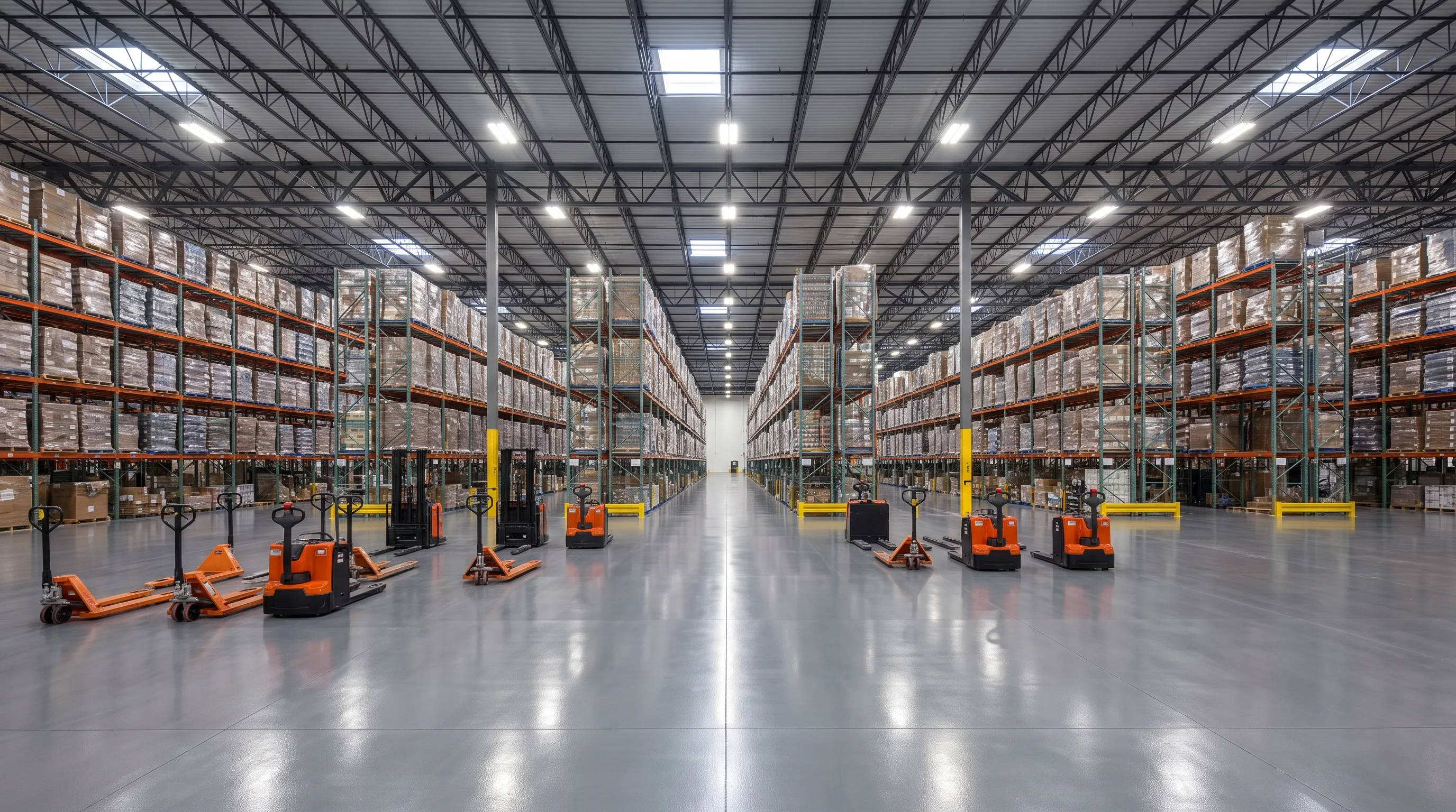 Large Denver distribution center interior with glossy gray epoxy floor, tall racking, and pallet jacks staged in aisles