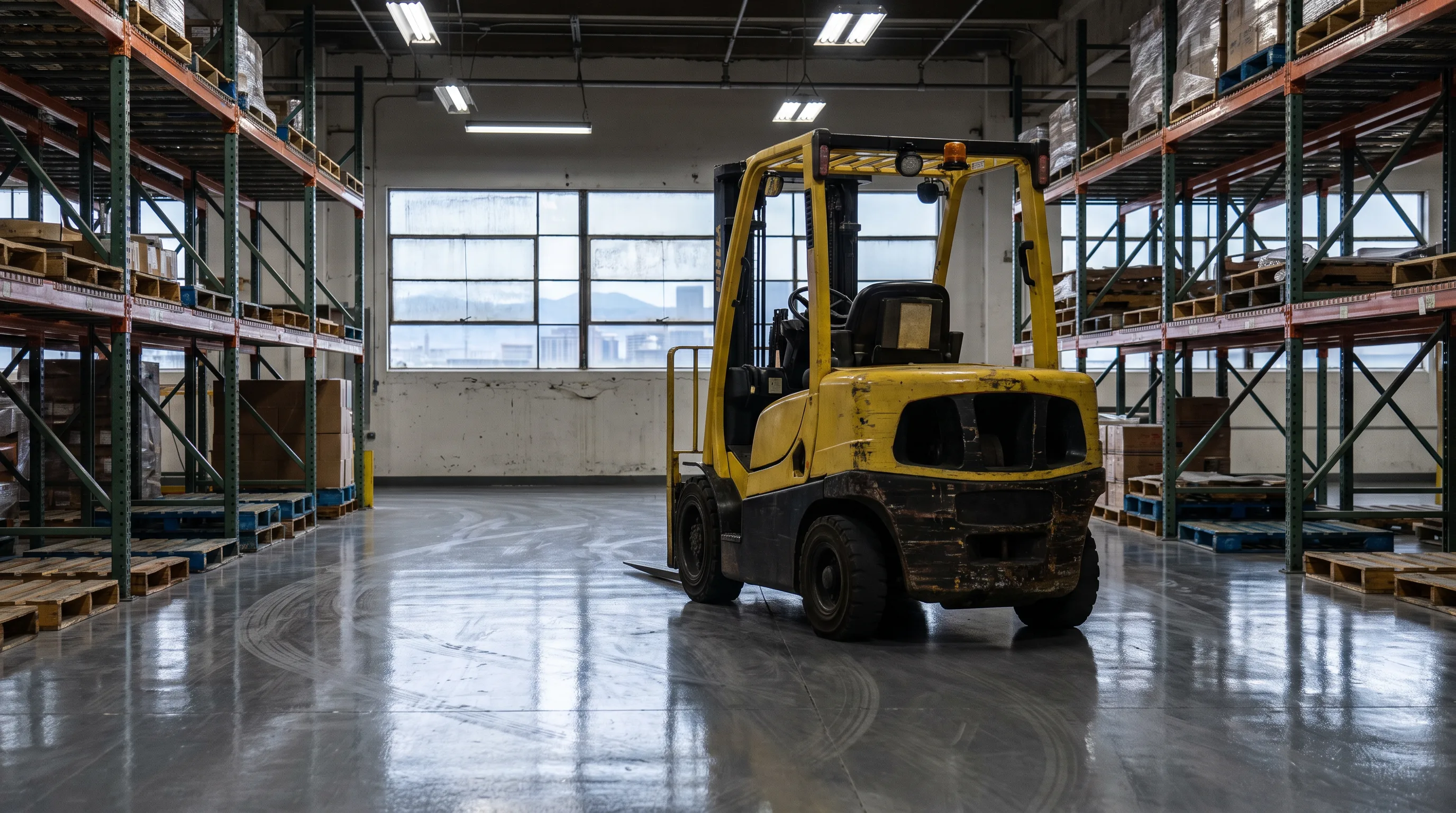 Forklift on a glossy gray epoxy warehouse floor in Denver Colorado with racking aisles