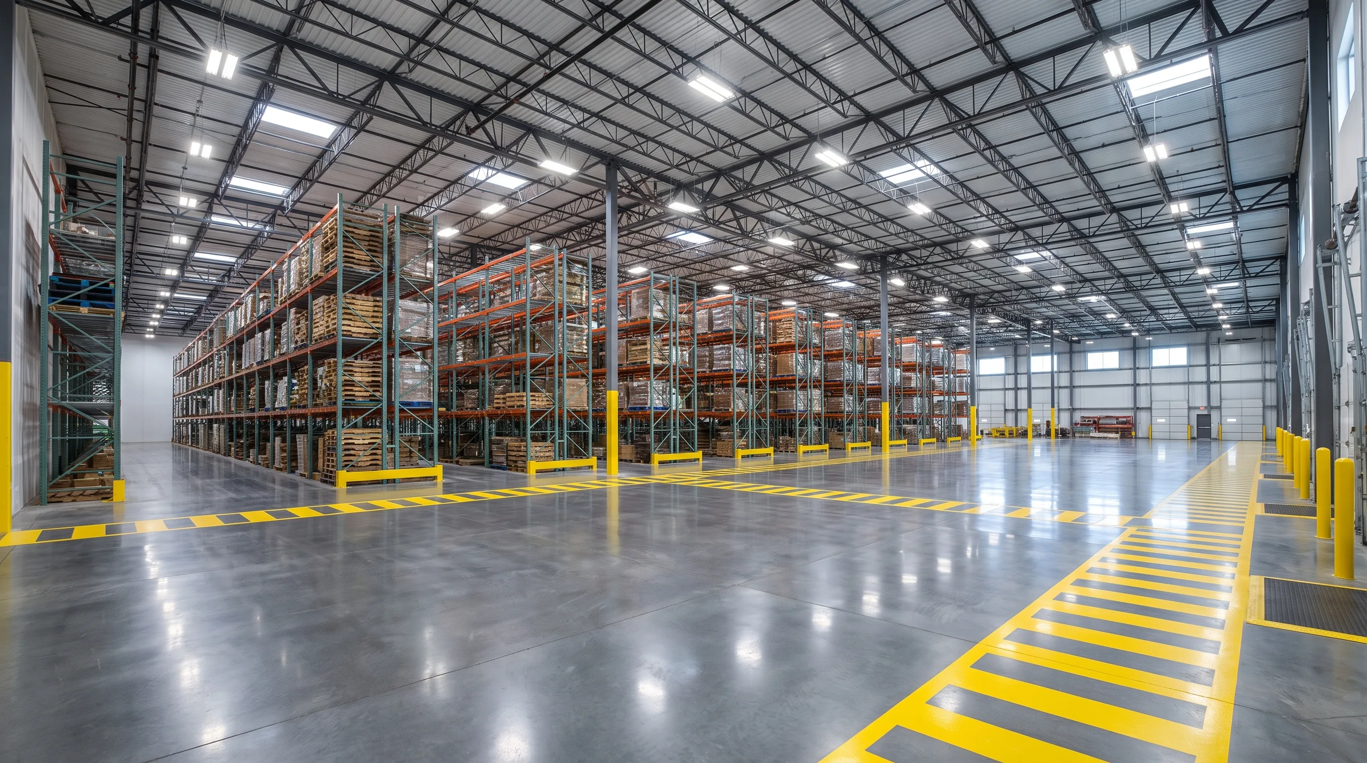 Large Denver Colorado warehouse interior with glossy gray epoxy floor and forklift lanes