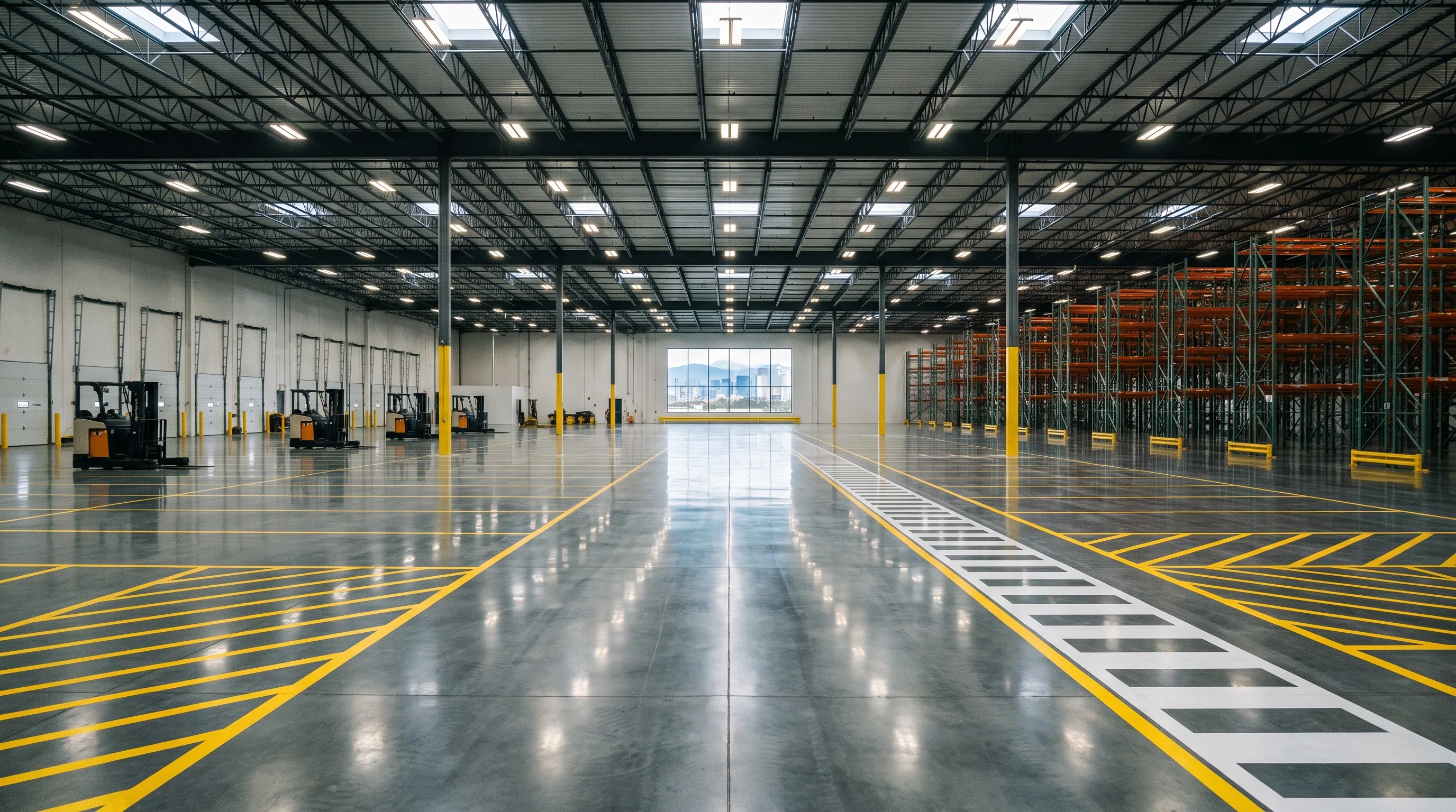 Denver Colorado warehouse floor with bright yellow and white OSHA line striping