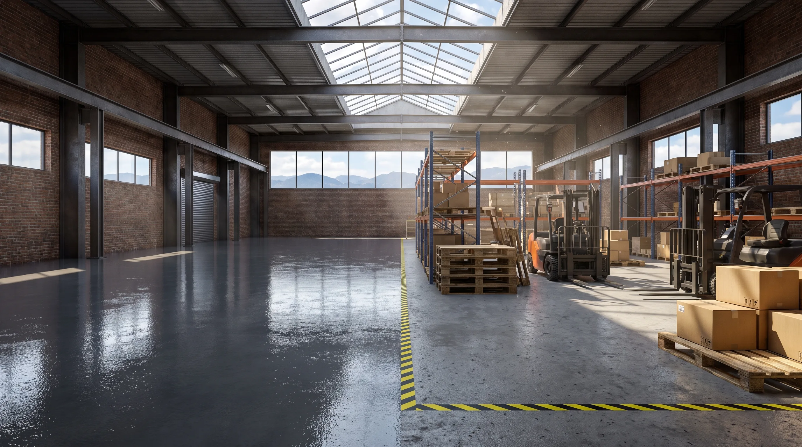 Denver warehouse with half the floor freshly coated in glossy epoxy and half still in active use, sectioned barrier tape dividing the zones