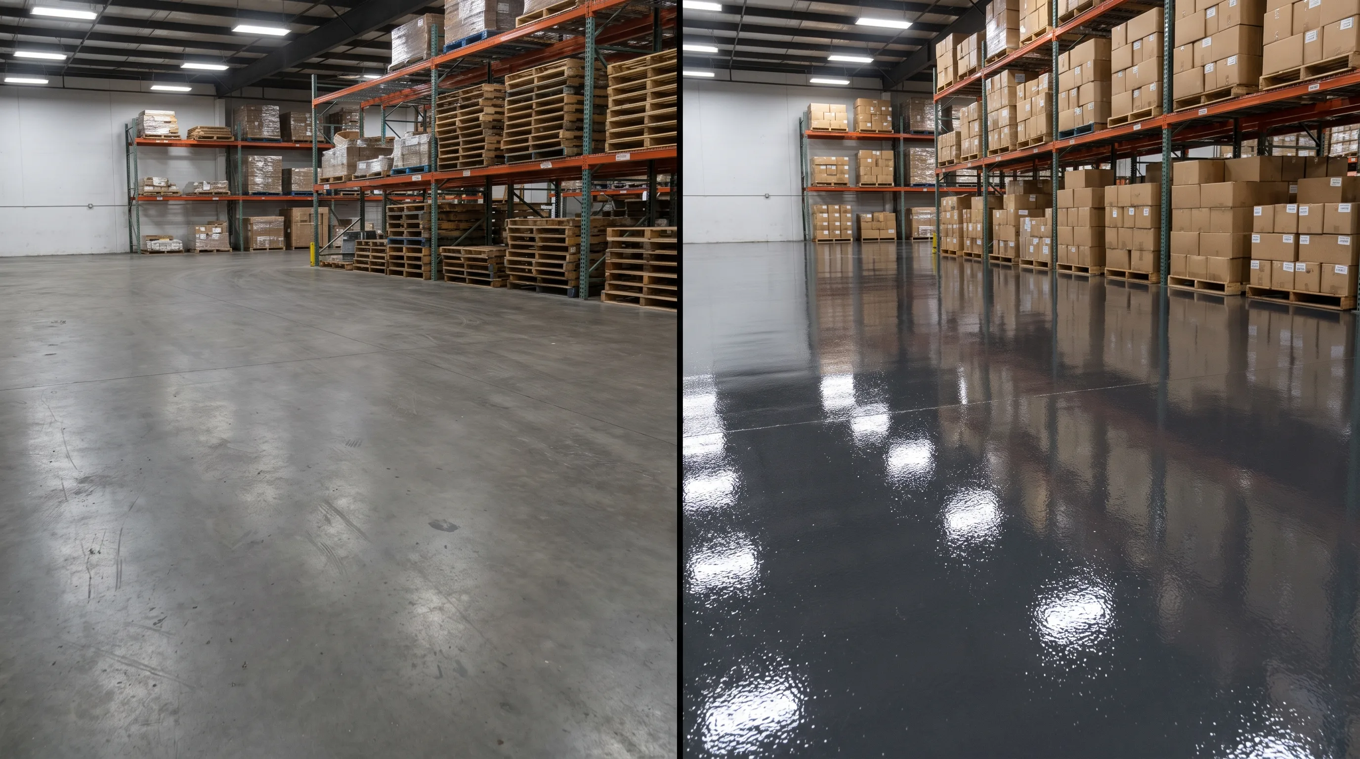 Split-screen comparison of sealed concrete versus glossy epoxy-coated warehouse floor